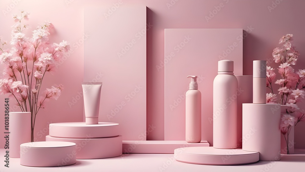 Pink cosmetic bottles or vessels with no labels blank product mockups on a pink background Pink cosmetic bottles or vessels with no labels blank product mockups on a pink background