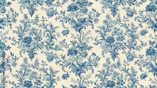 French toile inspired blue pattern on light beige background seamless pattern Extreme Close-Up