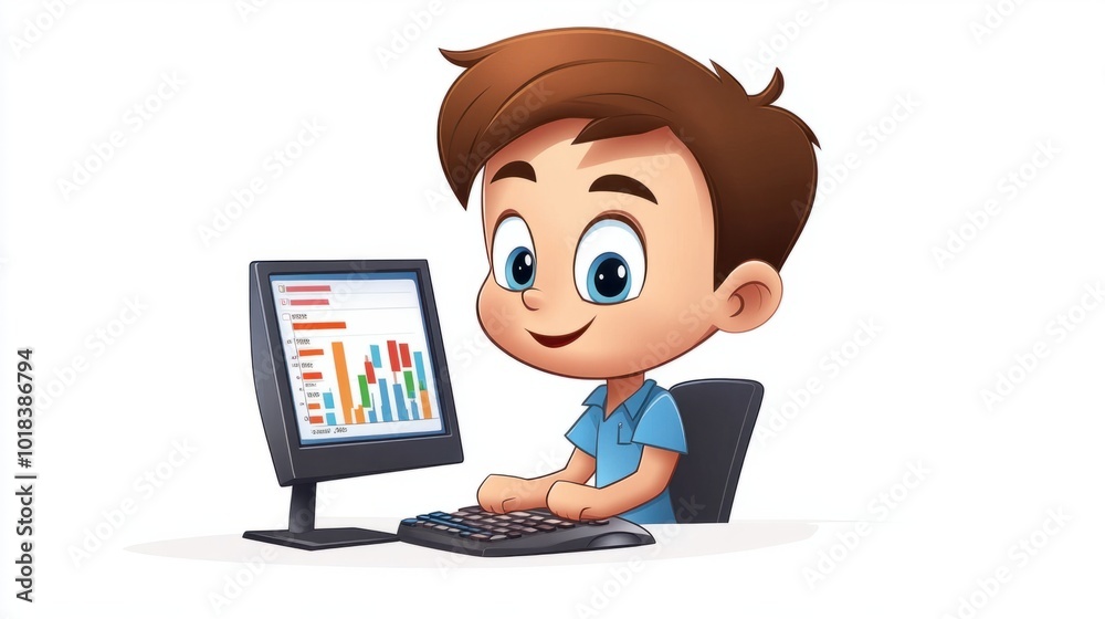 Cute data analyst cartoon character with a computer, looking at charts, isolated on white Cute data analyst cartoon character with a computer, looking at charts, isolated on white