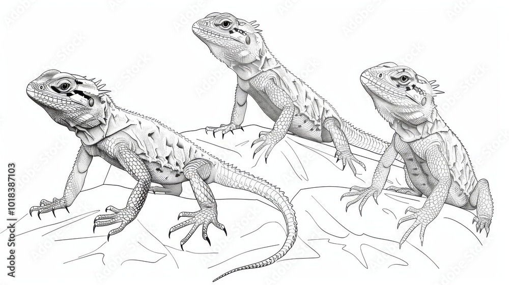 Detailed Line Art of Lizards on White Background Detailed Line Art of Lizards on White Background