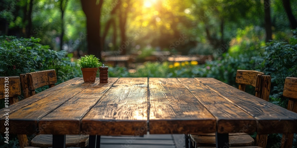 Rustic Wooden Table Setting in a Serene Garden, Capturing the Warmth of the Setting Sun, Perfect for a Cozy Meal or a Moment of Tranquility Rustic Wooden Table Setting in a Serene Garden, Capturing the Warmth of the Setting Sun, Perfect for a Cozy Meal or a Moment of Tranquility