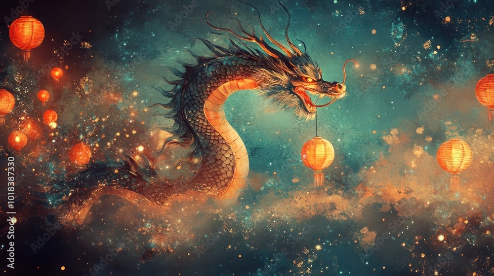 A powerful mythical dragon ascends through a mystical sky, illuminated by glowing lanterns. A powerful mythical dragon ascends through a mystical sky, illuminated by glowing lanterns.