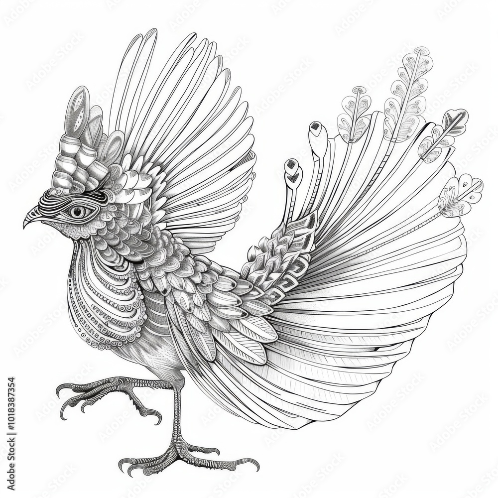 Fototapeta premium Elegant Lyrebird in Line Art Style on a White Background