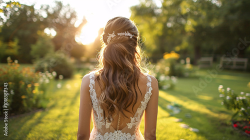 A full-figured bride in a summer park, her long hair cascading down as she enjoys the outdoor scenery
