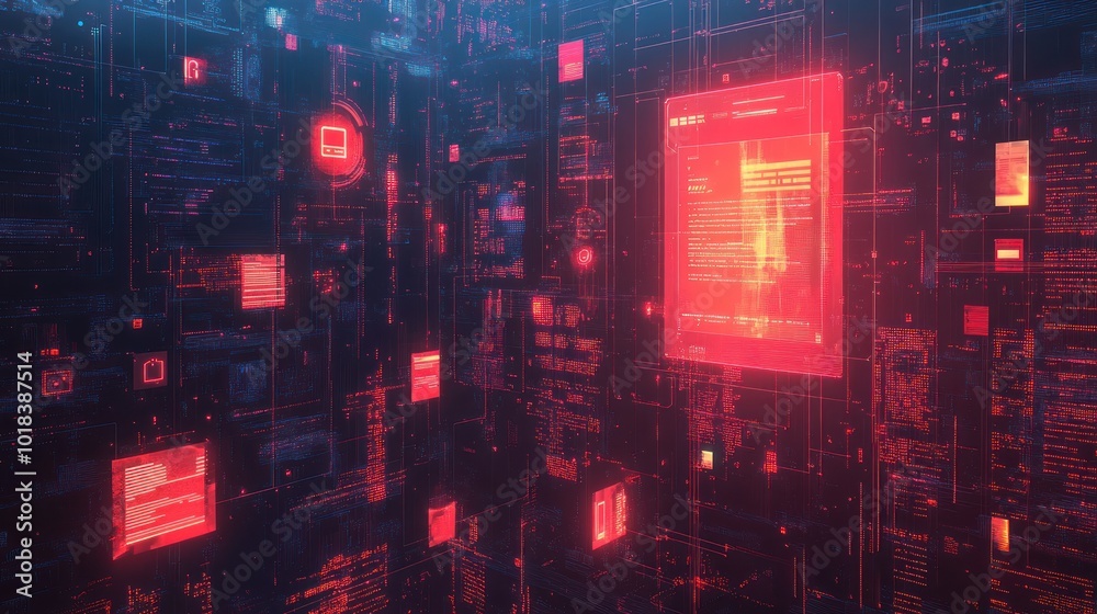 Obraz premium A digital wall of glowing red data boxes, lines and code.