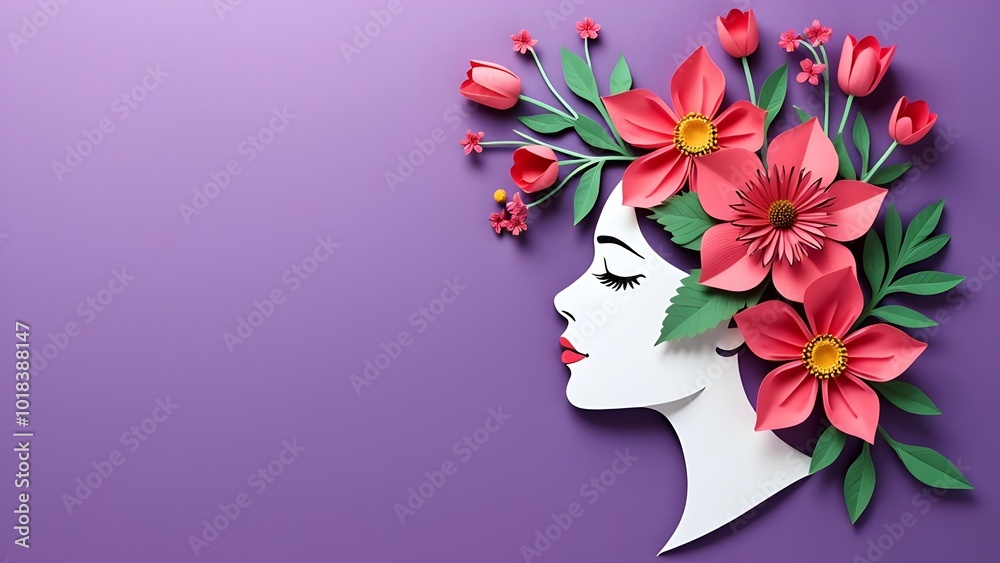 Woman side view face made with paper and floral flowers over the head purple background copy space Woman side view face made with paper and floral flowers over the head purple background copy space