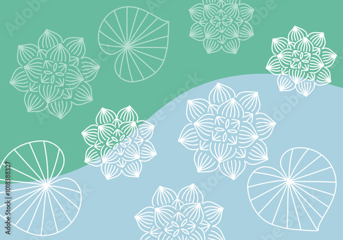 蓮の花と葉の線画をなだらかに分割したツートンカラーの背景にあしらった背景素材