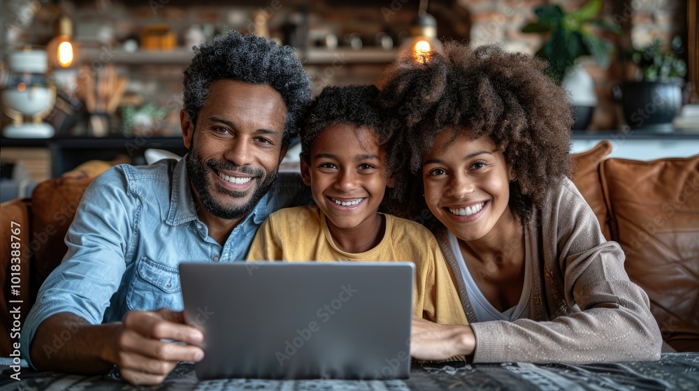 Happy family of three using a laptop together at home. They are smiling and looking at the camera. Happy family of three using a laptop together at home. They are smiling and looking at the camera.