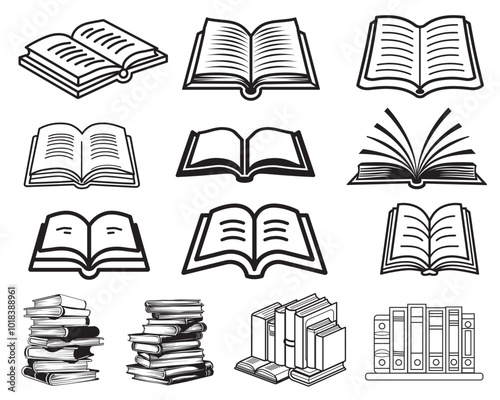 Collection Of Open Books Clipart Design, Book Vector Illustration in black and white

