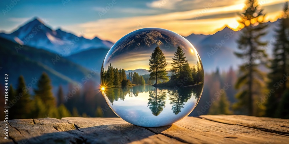 Glass sphere with trees and mountains silhouette Glass sphere with trees and mountains silhouette