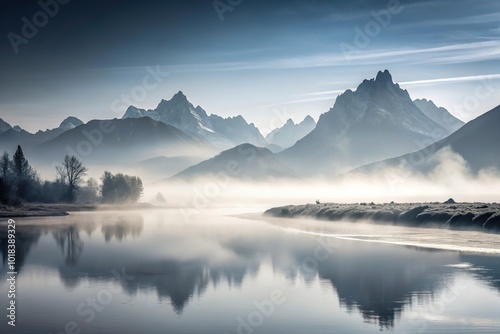 Northern monochrome landscape with mountains, foggy river, eye level view