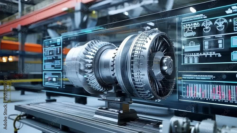 Jet engine is being analyzed by sophisticated engineering software displayed on a transparent digital screen in a modern factory