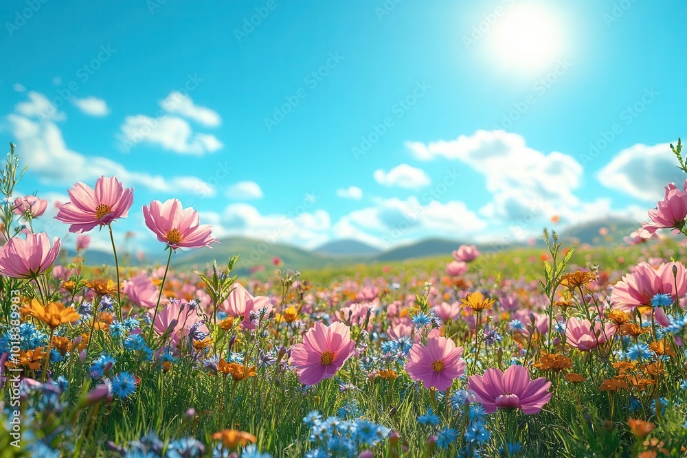 idyllic spring meadow with soft focus wildflowers in the foreground and a gradient from vivid blue sky to lush green grass warm sunlight bathes the scene idyllic spring meadow with soft focus wildflowers in the foreground and a gradient from vivid blue sky to lush green grass warm sunlight bathes the scene