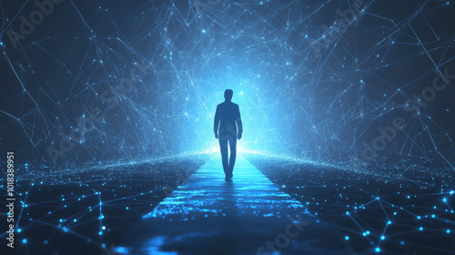 This image shows a leader navigating towards the future. It uses a modern design with glowing shapes and a dark blue background to symbolize the leader's strategic vision .low poly wireframe.