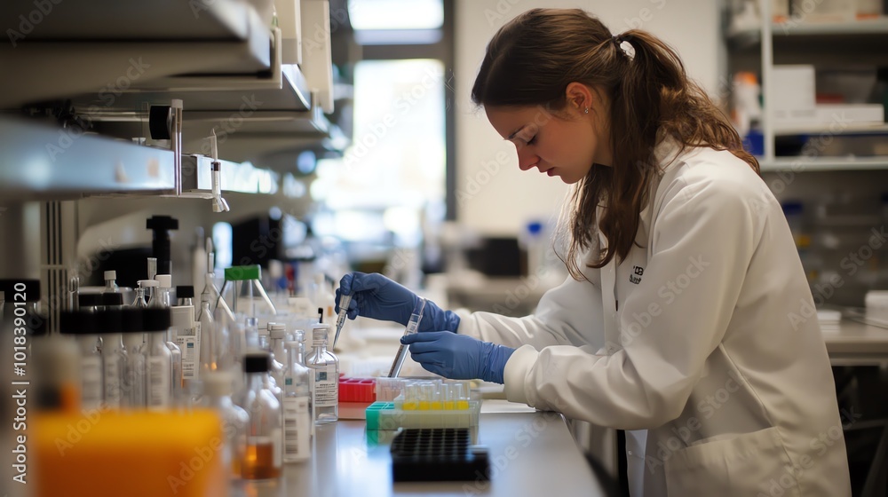 Scientist conducting experiment in laboratory Scientist conducting experiment in laboratory