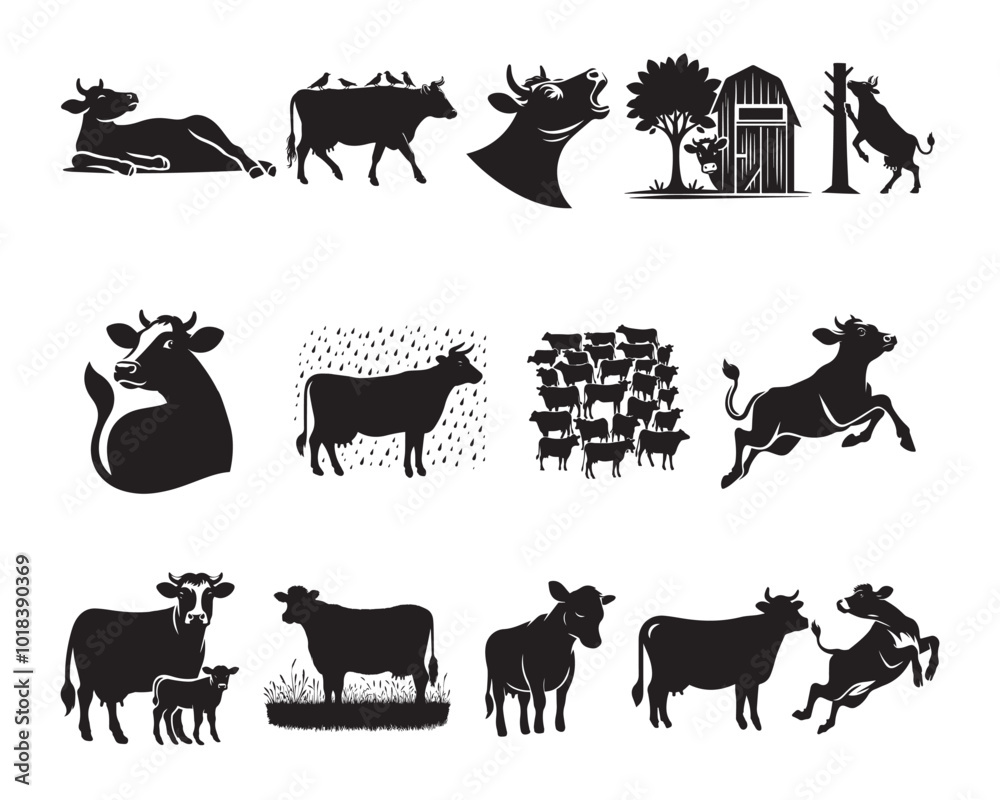 Fototapeta premium Set of Cows Vector illustration, Cattle Silhouette Design, Cow farm Activities Graphic