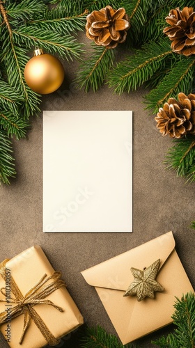 A beautifully arranged Christmas gift box with a gold ribbon sits on a rustic white wooden table, surrounded by pine cones, candy canes, and red holly berries, creating a festive atmosphere