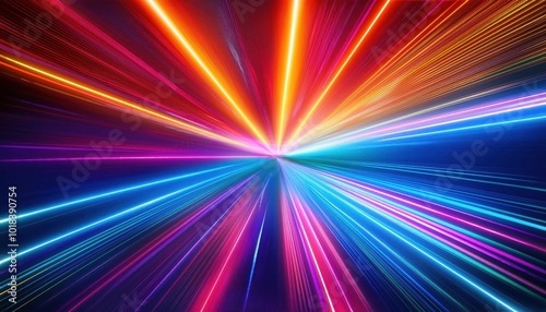 Vivid Neon Light Burst. Multi Colored Light Rays Converging to a Central Point in Dynamic Spectrum of Radiant Colors and Lines