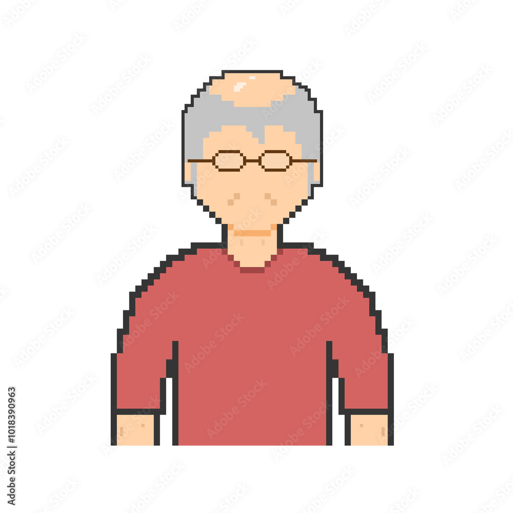 Pixel art of an old man with glasses in red Pixel art of an old man with glasses in red