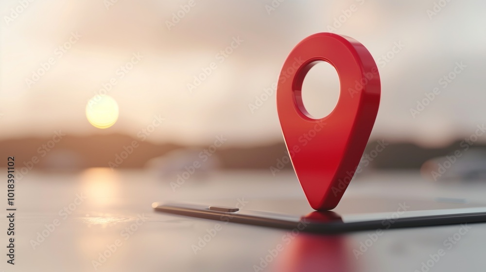 Red location pin on tablet with sunset background symbolizing GPS technology Red location pin on tablet with sunset background symbolizing GPS technology