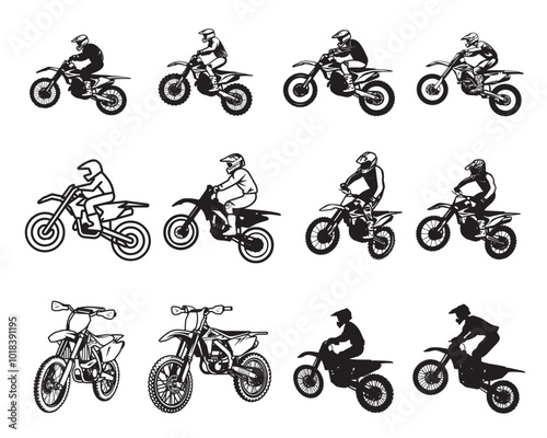 Dirt bike Clipart Design Bundle - Dirt biker Vector illustration in black and white