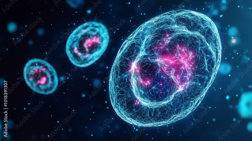 A futuristic, glowing, and geometric image of a human cell viewed under a microscope. The cell is brightly colored and outlined against a dark blue background.low poly wireframe. A futuristic, glowing, and geometric image of a human cell viewed under a microscope. The cell is brightly colored and outlined against a dark blue background.low poly wireframe.