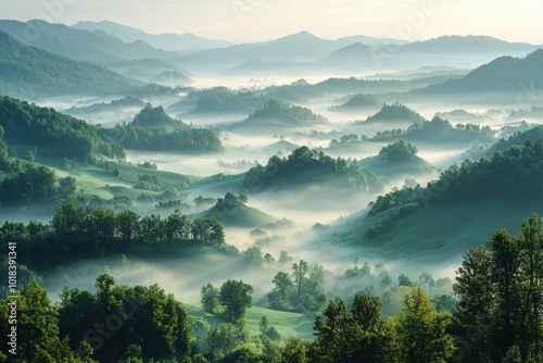 A breathtaking sunrise over misty hills showing layered landscapes and lush greenery, perfect for nature and travel graphy enthusiasts.