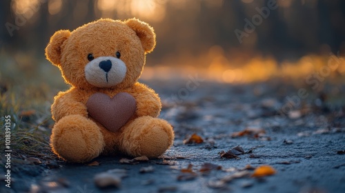 A fluffy brown teddy bear sits alone on a path, holding a heart shaped pillow in its paws, the setting sun casting a warm glow on the scene.