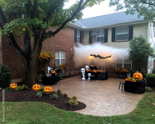 A spooky outdoor Halloween party with skeleton ribs bat burgers photo