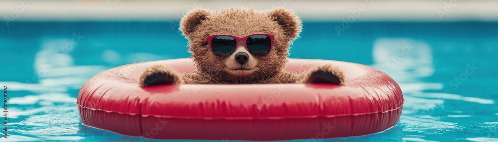 A cute teddy bear relaxing in a pool on a sunny day, wearing sunglasses and floating on a red inflatable ring, perfect for summer visuals. A cute teddy bear relaxing in a pool on a sunny day, wearing sunglasses and floating on a red inflatable ring, perfect for summer visuals.