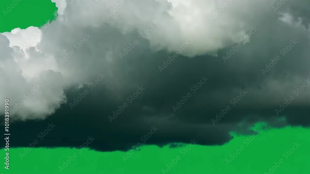 Large, dark cloud is forming on a green screen background. The cloud is growing larger and darker as it moves across the screen