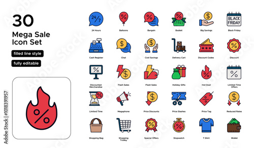 Mega Sale Filled Line Icon Set: Discounts, Special Offers, Shopping Deals, and Price Cuts Icons