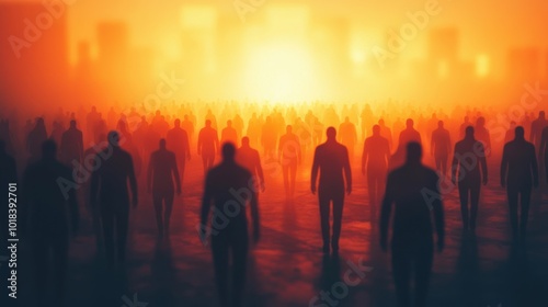 Silhouetted figures emerging in a glowing orange haze, symbolizing unity, anonymity, and the human experience in a vast urban landscape.