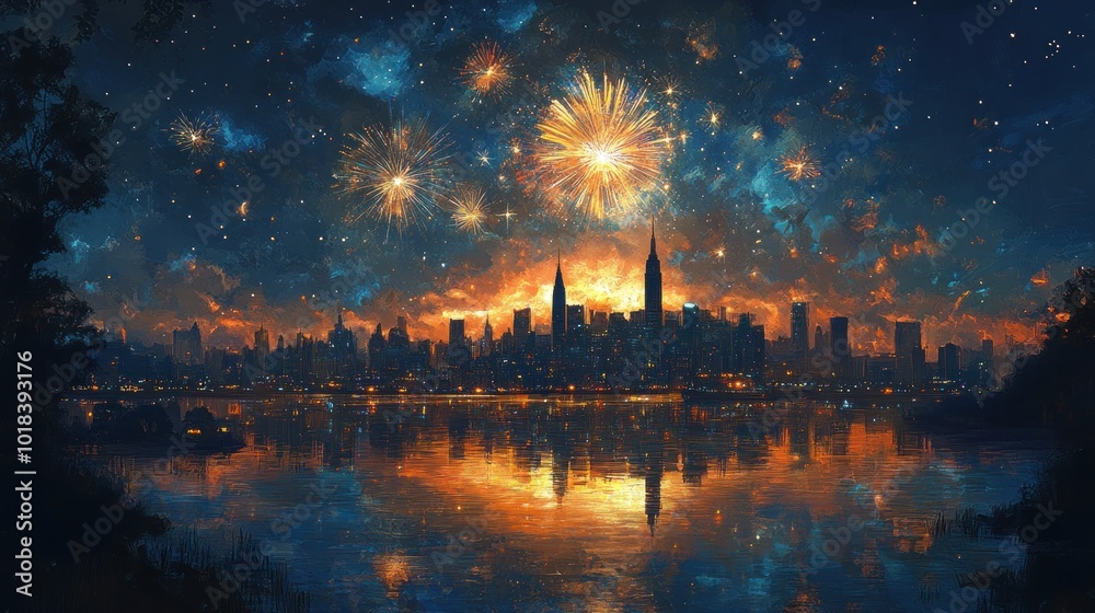A cityscape with fireworks exploding over the city skyline reflected in the water. A cityscape with fireworks exploding over the city skyline reflected in the water.