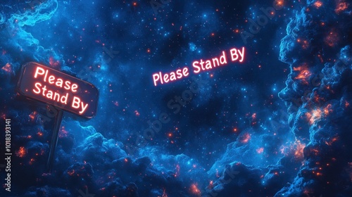 A neon sign with the words "Please Stand By" is displayed against a background of a starry galaxy.
