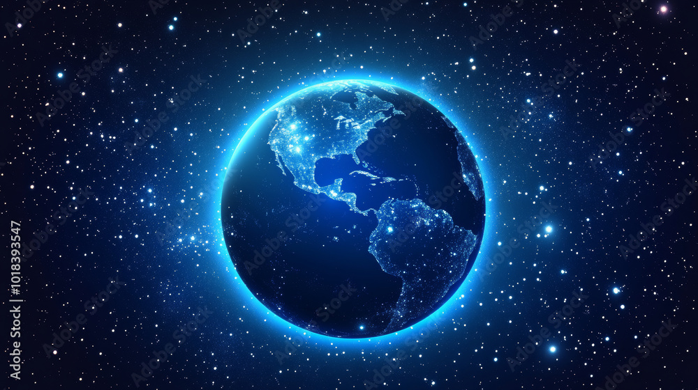 A glowing Earth outlined against a starry night sky represents global communication and business opportunities. This modern design uses simple shapes and bright colors to convey a futuristic vision.
