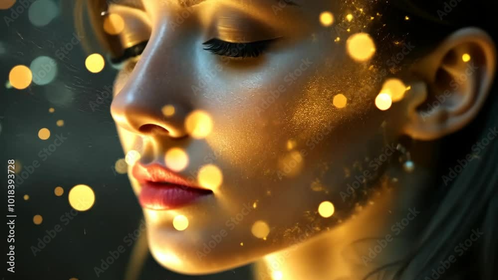 A woman's face is illuminated by soft, golden light, creating a dreamy atmosphere A woman's face is illuminated by soft, golden light, creating a dreamy atmosphere