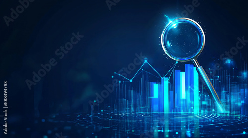 Abstract technology polygonal blue glowing magnifying glass with graph and arrow up, on a dark blue background, business concept
