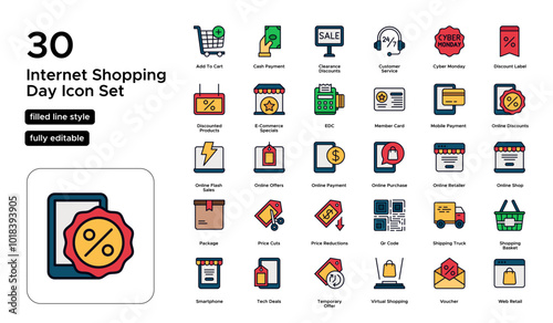 Internet Shopping Day Filled Line Icon Set: E-Commerce, Online Deals, and Digital Cart Icons