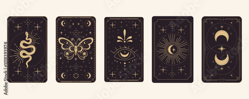 Tarot reverce border magic sacred frame gold line border celelstial mystery esoteric cover card decoration with snake stars and moon on dark background.