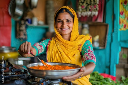 Indian Woman in Yellow Sari Stirring Orange Curry in a Pot