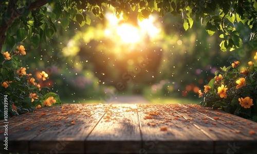 Sunlit Garden with Wooden Picnic Table and Scattered Flower Petals