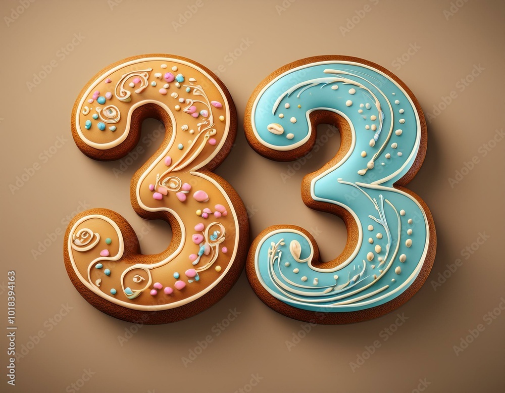 Decorated cookie, number 33, illustration for birthday or anniversary celebration Decorated cookie, number 33, illustration for birthday or anniversary celebration