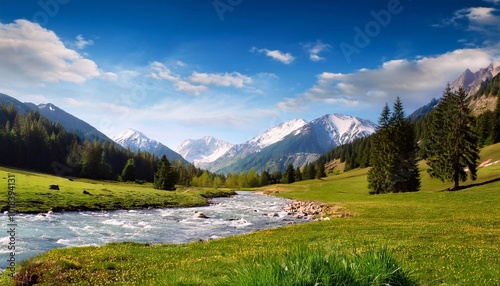 Amazing alpine spring summer landscape with green meadows flowers and snowy peak in the background photo