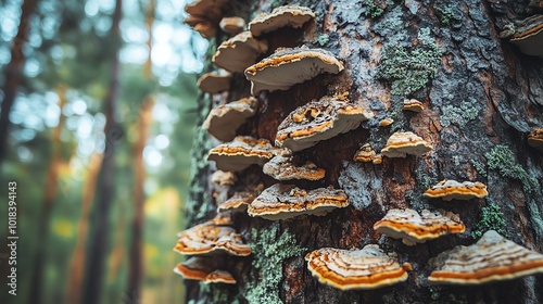 Colorful mushrooms on tree trunk in nature. photo