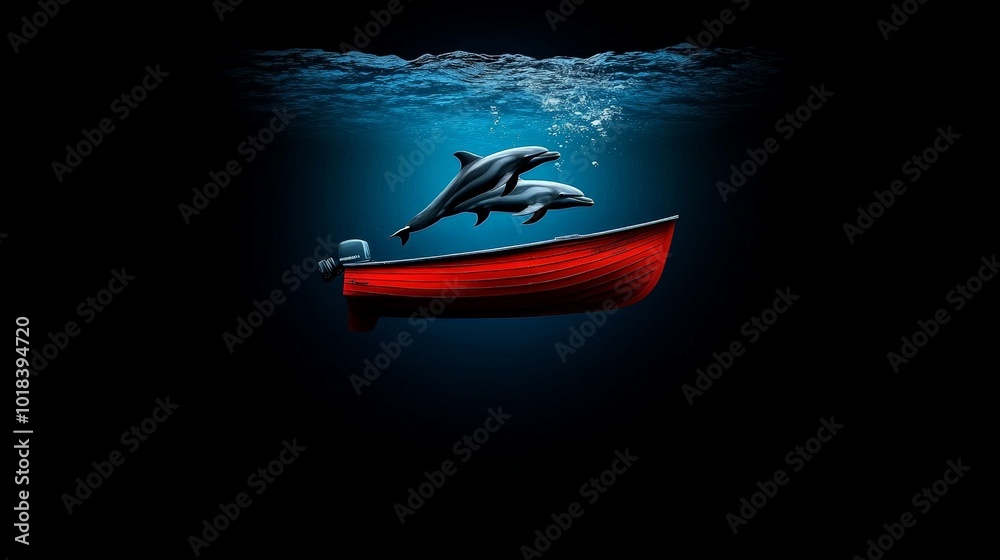Dolphins Leap Over Red Boat in Deep Ocean: A pair of playful dolphins leaps over a red boat in the inky depths of the ocean. The scene evokes feelings of freedom, adventure. Dolphins Leap Over Red Boat in Deep Ocean: A pair of playful dolphins leaps over a red boat in the inky depths of the ocean. The scene evokes feelings of freedom, adventure.