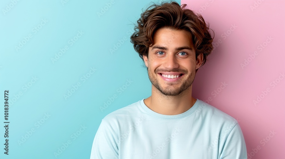 Cheerful young man smiling against a colorful background, showcasing positivity and confidence. Cheerful young man smiling against a colorful background, showcasing positivity and confidence.