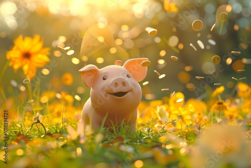 Cute 3D Cartoon Piggy Bank with Flying Coins, Sun Rays, and Yellow Flowers on Green Meadow. Savings Concept for Kids