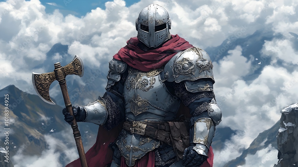Enigmatic Fantasy Knight Warrior in Ornate Ceremonial Armor Wielding Ritual Battle-Axe in Misty Mountain Landscape Enigmatic Fantasy Knight Warrior in Ornate Ceremonial Armor Wielding Ritual Battle-Axe in Misty Mountain Landscape