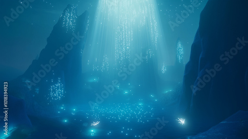 Magical Underwater World with Floating Lights and Tower